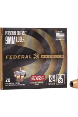 Premium | FEDERAL AMMO Hydra-Shok Personal Defense 9mm 124gr Jacketed Hollow Point Ammunition | 20 Rounds
